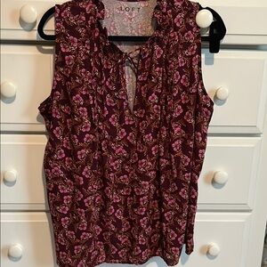 LOFT Red and Cream Sleeveless Blouse with Tie Front
